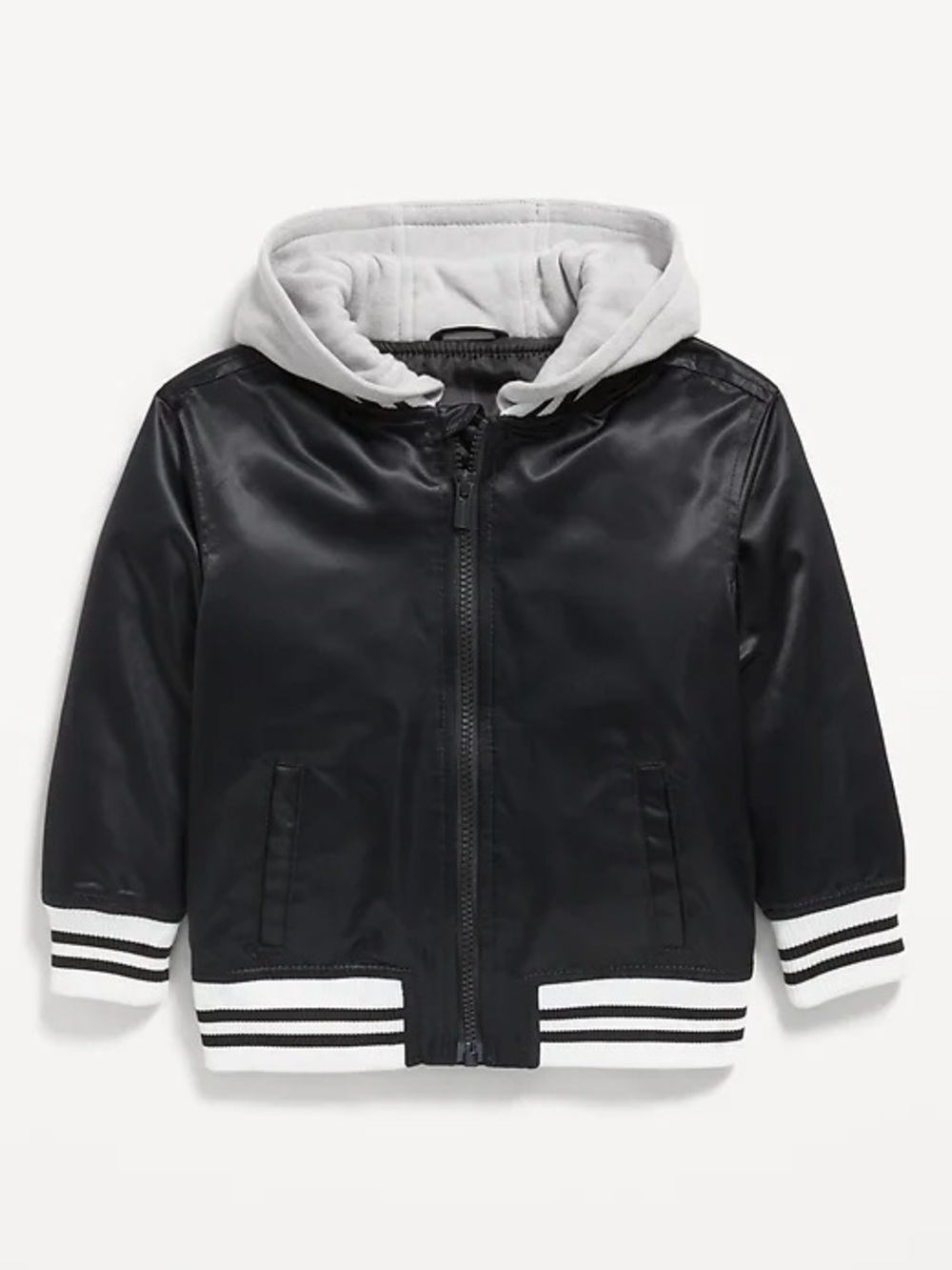 Old Navy Black Jacket with White Hood and Striped Collar